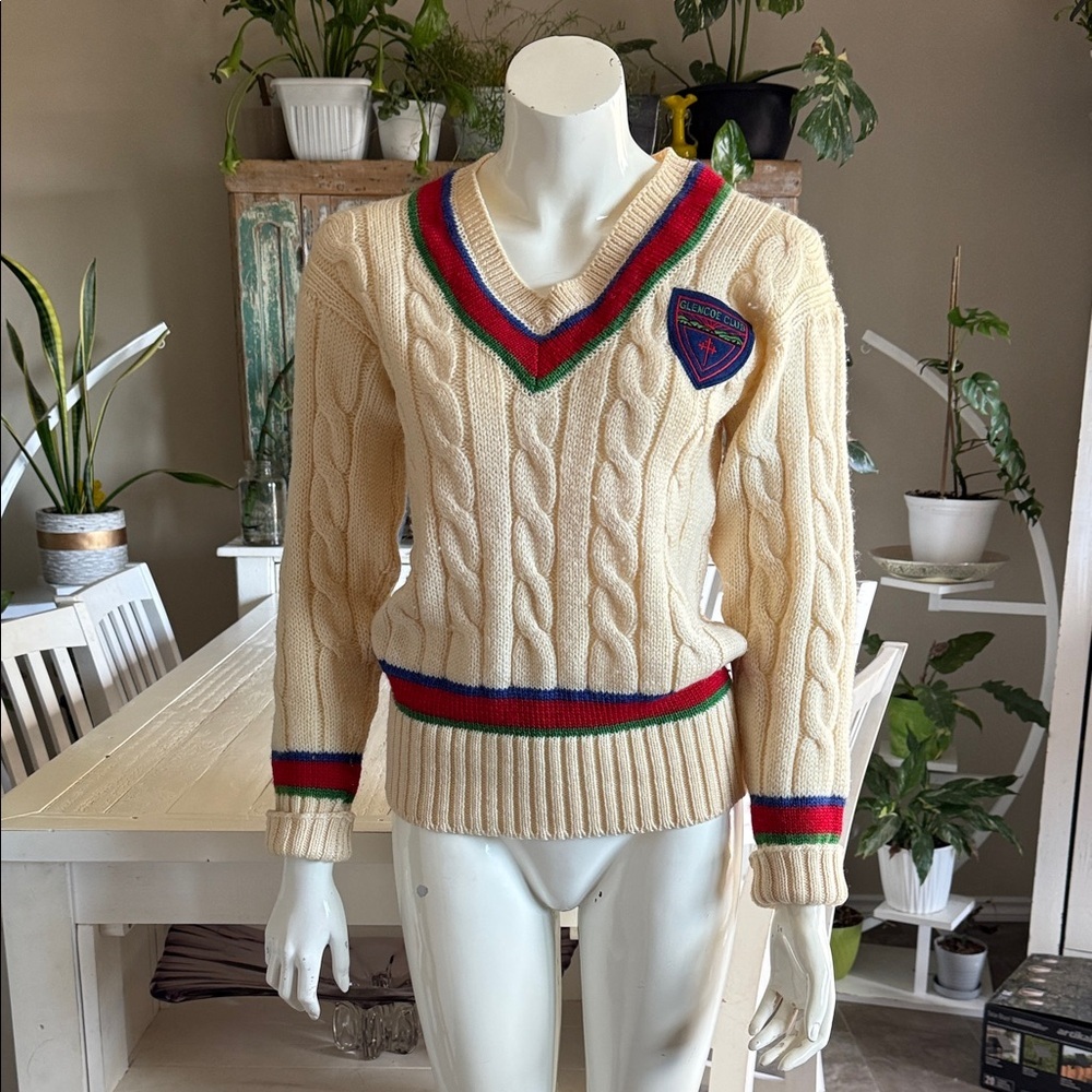 Vintage 1960s/70s Cricket Cable Knit V-Neck Sweater -Cream green, red and blue